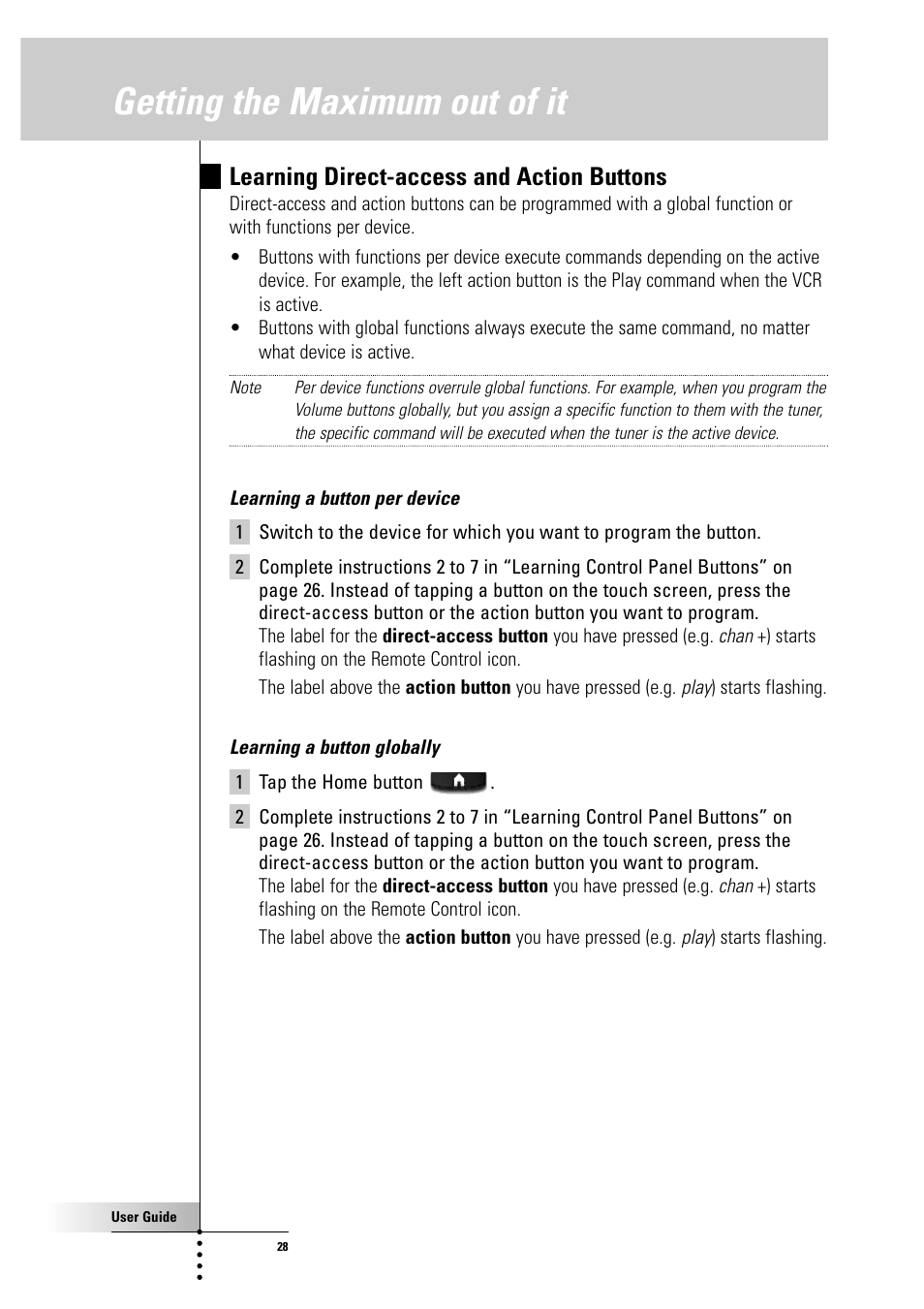 Getting the maximum out of it, Learning direct-access and action buttons | Philips Color Touch Screen Rem Cont w-Database User Manual | Page 28 / 60
