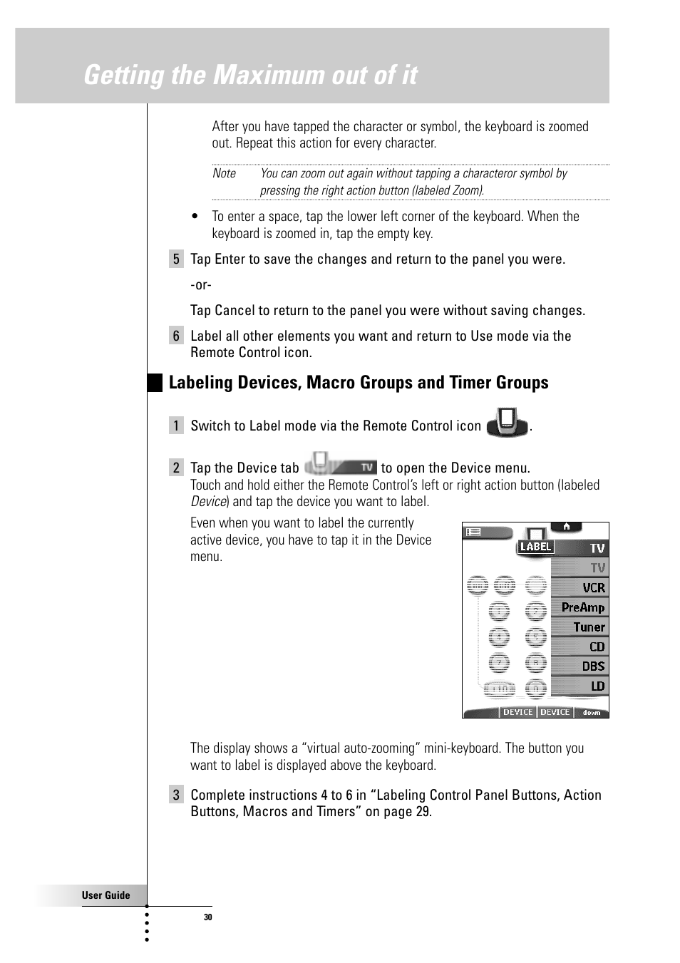 Getting the maximum out of it, Labeling devices, macro groups and timer groups | Philips Color Touch Screen Rem Cont w-Database User Manual | Page 30 / 60