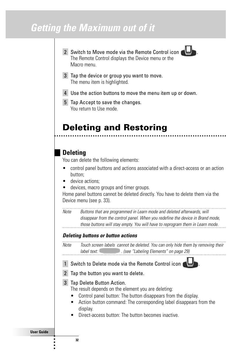 Getting the maximum out of it, Deleting and restoring, Deleting | Philips Color Touch Screen Rem Cont w-Database User Manual | Page 32 / 60
