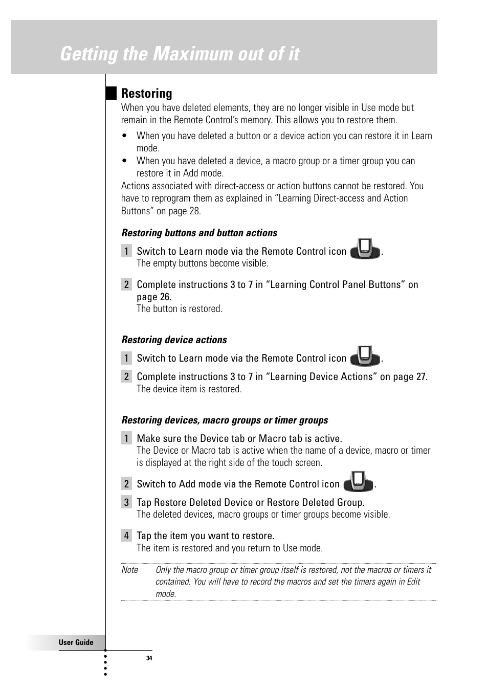 Getting the maximum out of it, Restoring | Philips Color Touch Screen Rem Cont w-Database User Manual | Page 34 / 60