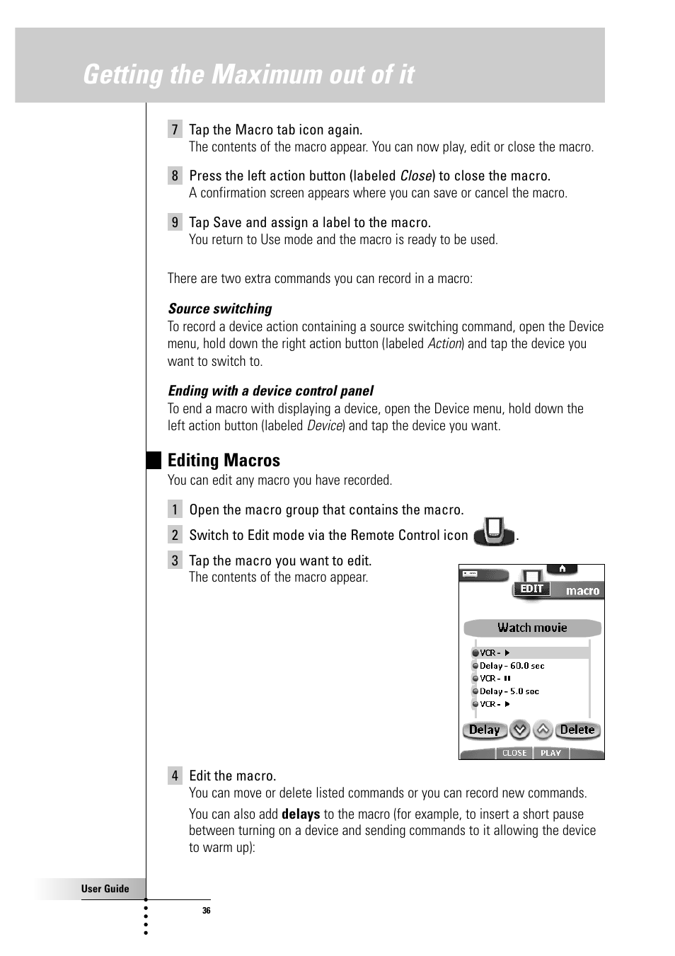 Getting the maximum out of it, Editing macros | Philips Color Touch Screen Rem Cont w-Database User Manual | Page 36 / 60