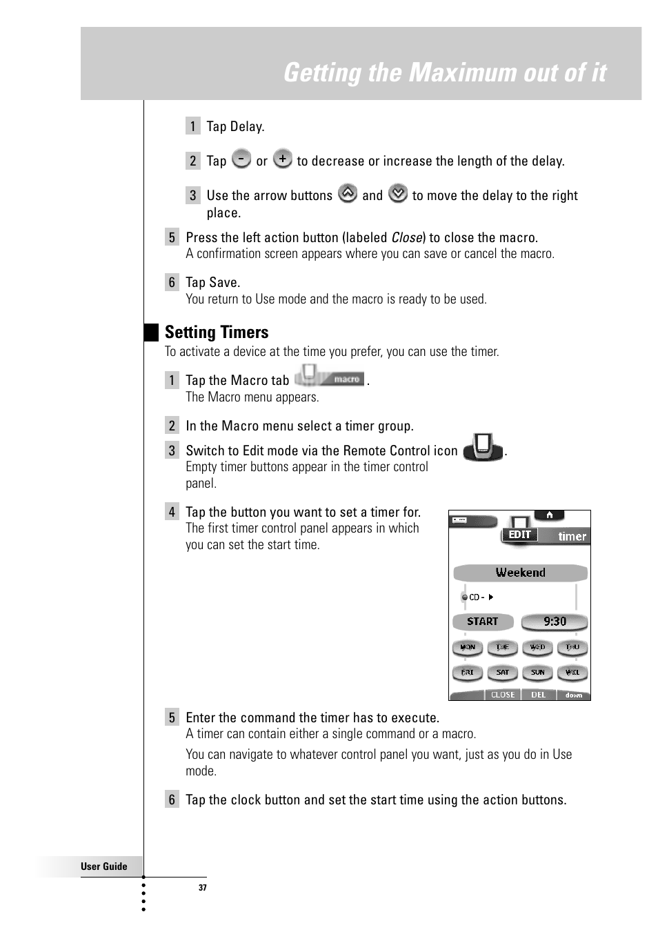 Getting the maximum out of it, Setting timers | Philips Color Touch Screen Rem Cont w-Database User Manual | Page 37 / 60