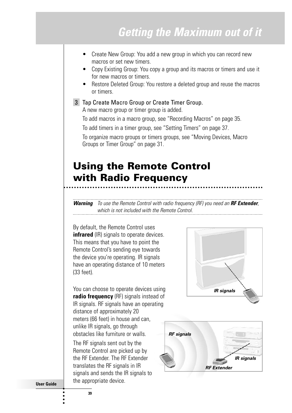 Getting the maximum out of it, Using the remote control with radio frequency | Philips Color Touch Screen Rem Cont w-Database User Manual | Page 39 / 60