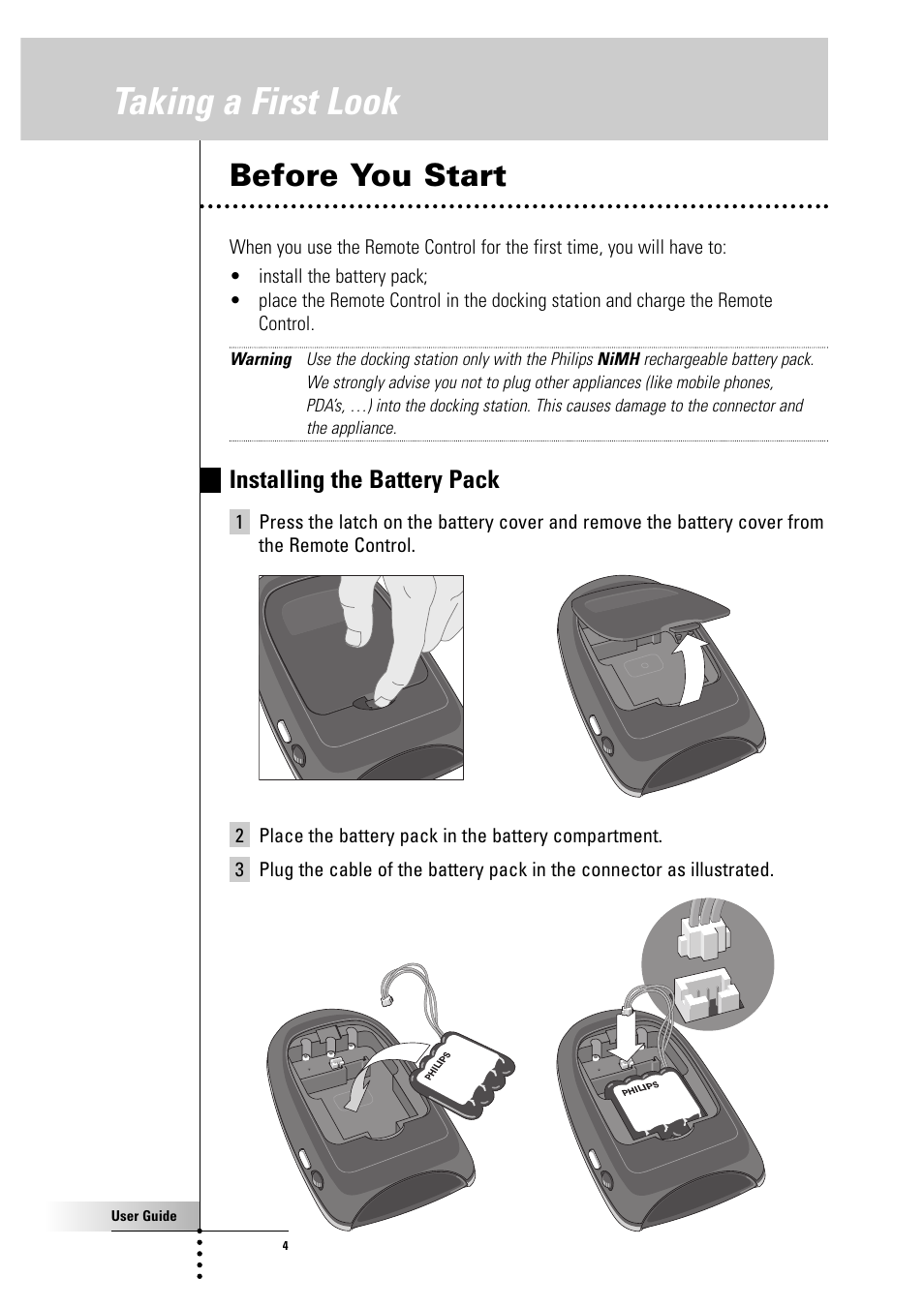 Taking a first look, Before you start, Installing the battery pack | Philips Color Touch Screen Rem Cont w-Database User Manual | Page 4 / 60