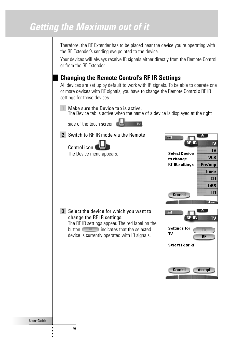 Getting the maximum out of it, Changing the remote control’s rf ir settings | Philips Color Touch Screen Rem Cont w-Database User Manual | Page 40 / 60
