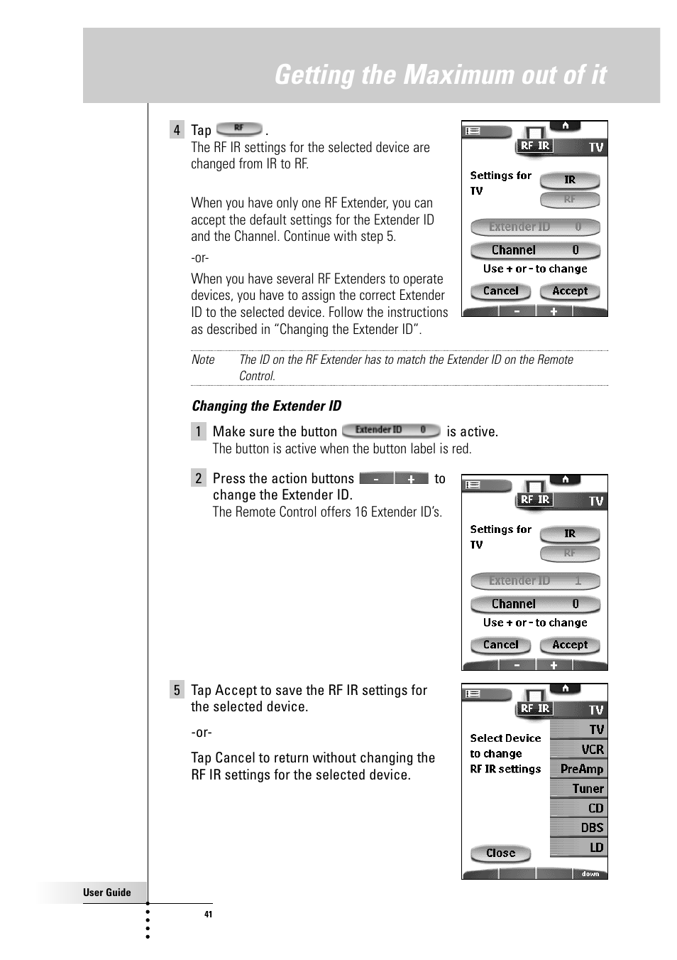 Getting the maximum out of it | Philips Color Touch Screen Rem Cont w-Database User Manual | Page 41 / 60