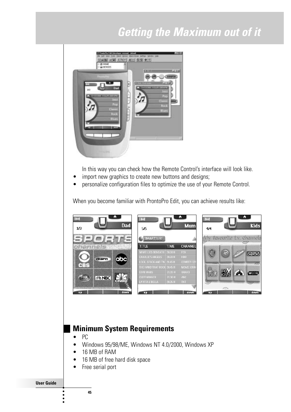 Getting the maximum out of it, Minimum system requirements | Philips Color Touch Screen Rem Cont w-Database User Manual | Page 45 / 60