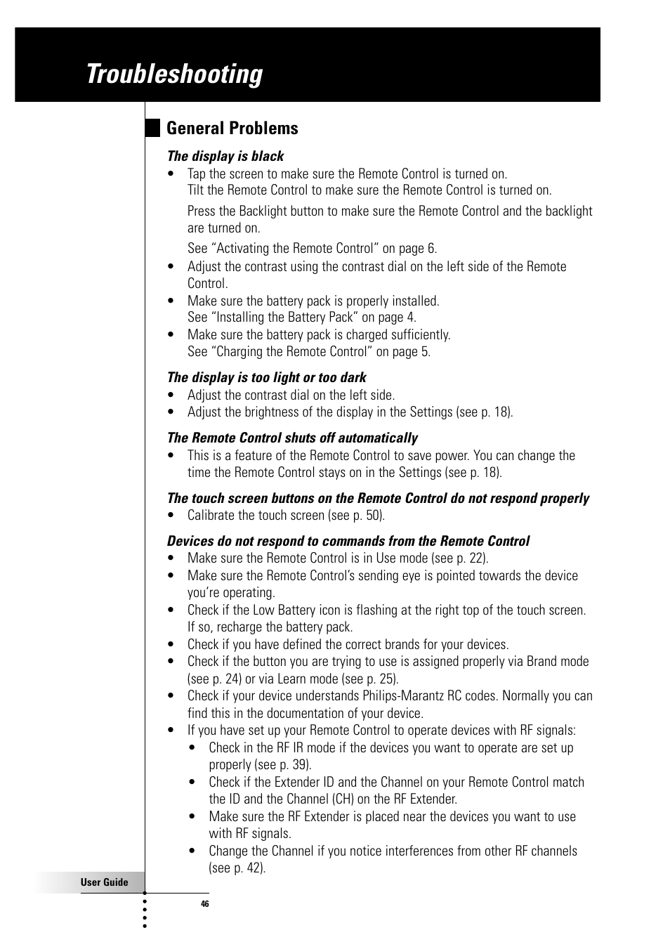 Troubleshooting, General problems | Philips Color Touch Screen Rem Cont w-Database User Manual | Page 46 / 60