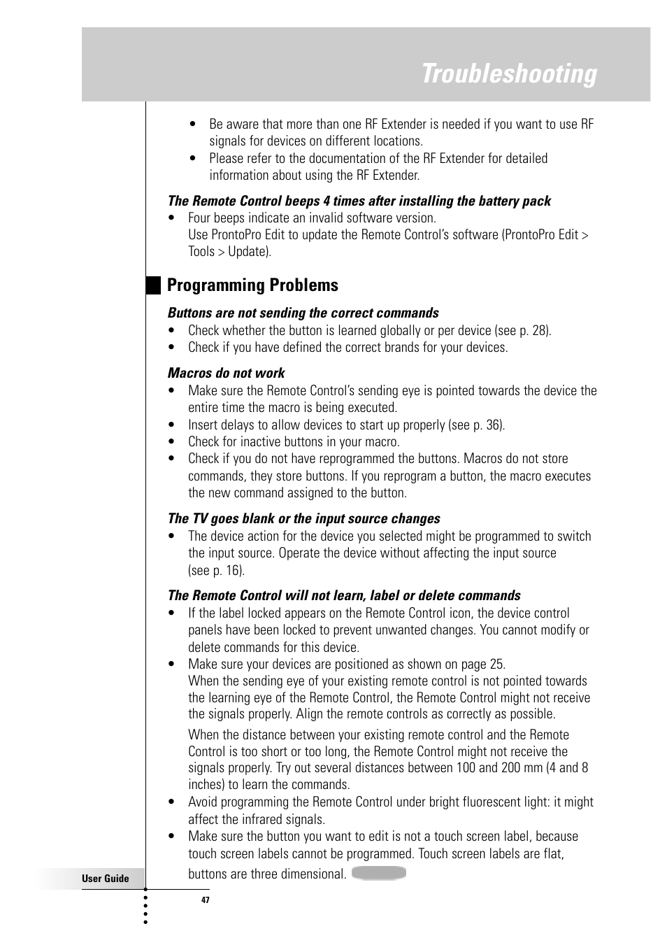 Troubleshooting, Programming problems | Philips Color Touch Screen Rem Cont w-Database User Manual | Page 47 / 60