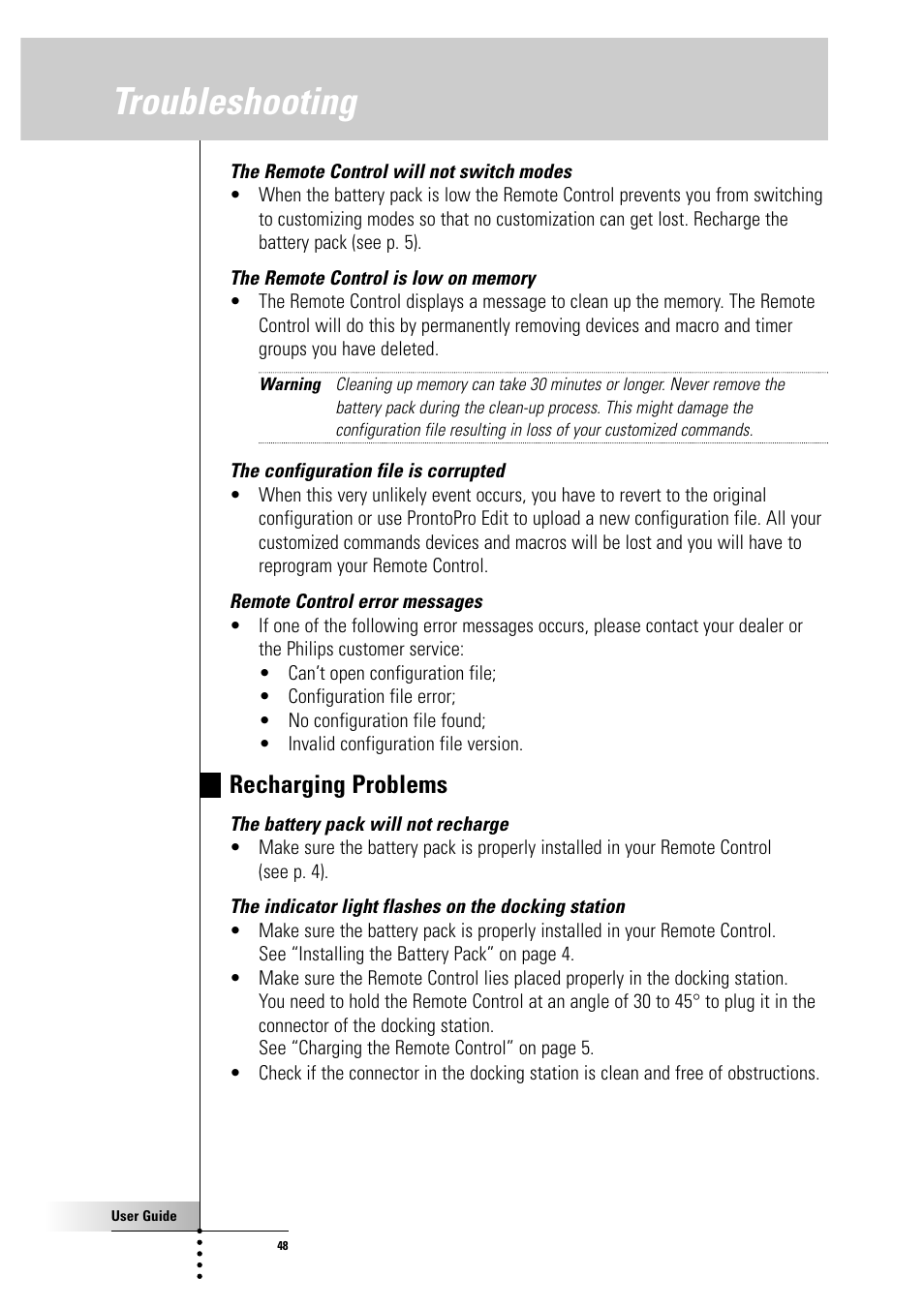 Troubleshooting, Recharging problems | Philips Color Touch Screen Rem Cont w-Database User Manual | Page 48 / 60