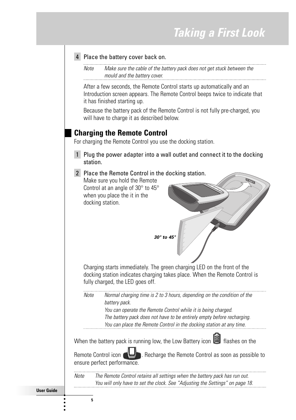 Taking a first look, Charging the remote control | Philips Color Touch Screen Rem Cont w-Database User Manual | Page 5 / 60