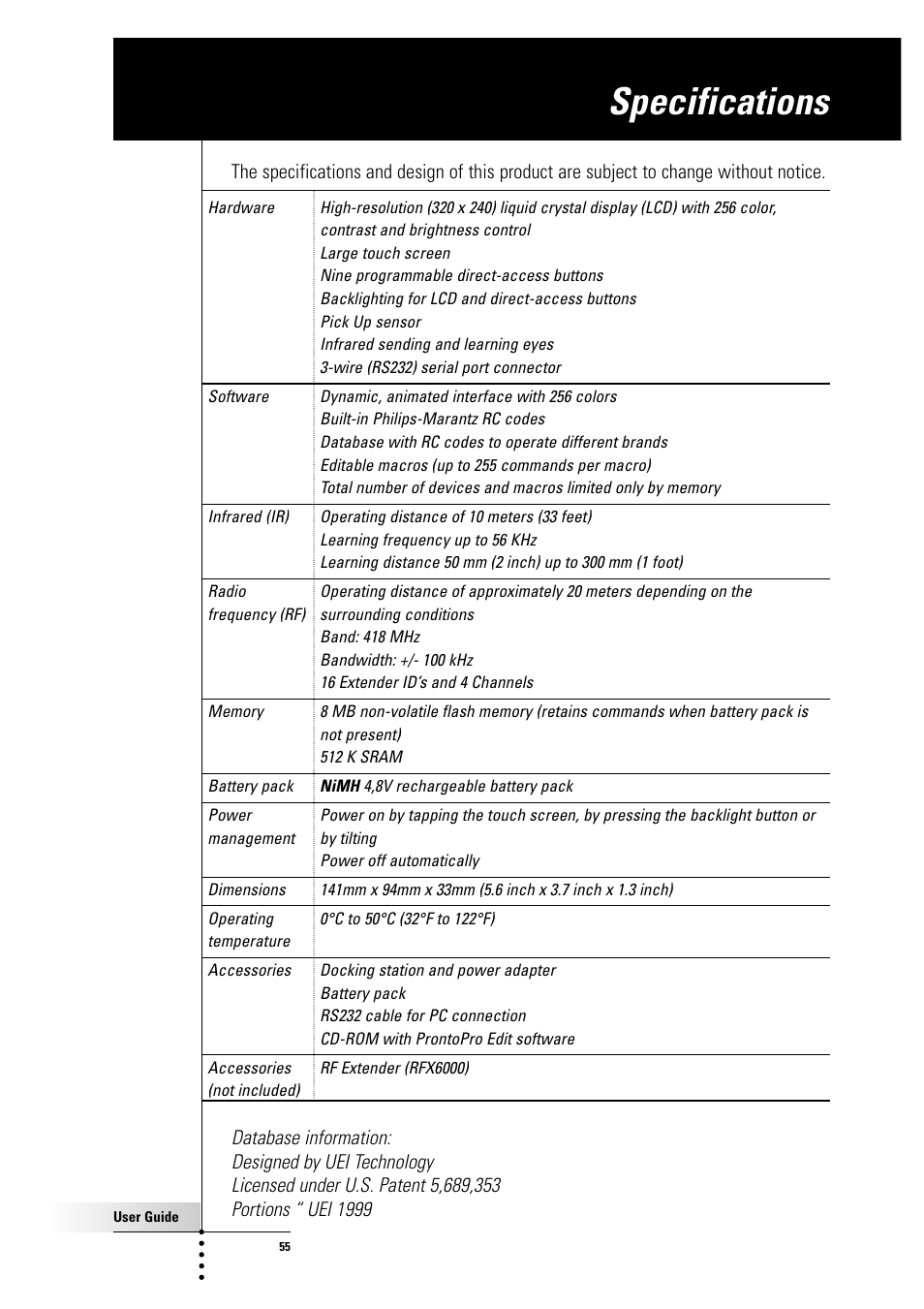 Specifications | Philips Color Touch Screen Rem Cont w-Database User Manual | Page 55 / 60