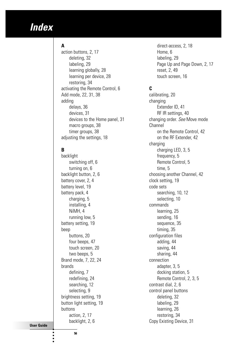 Index | Philips Color Touch Screen Rem Cont w-Database User Manual | Page 56 / 60