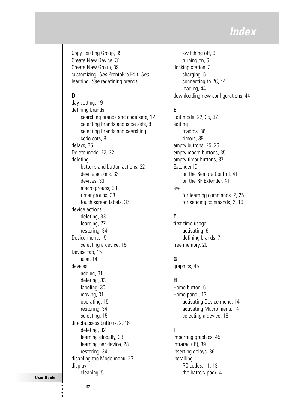Index | Philips Color Touch Screen Rem Cont w-Database User Manual | Page 57 / 60
