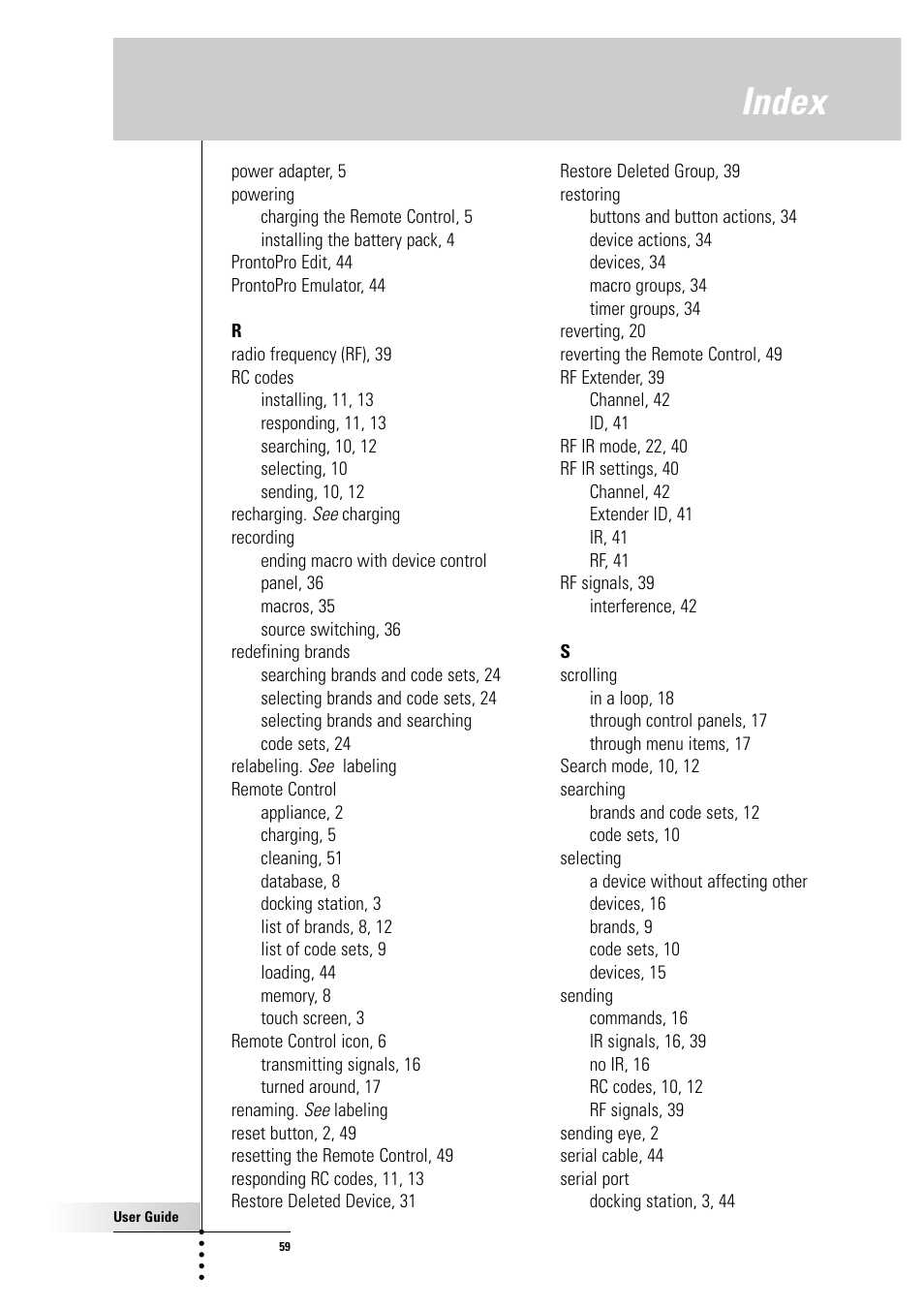 Index | Philips Color Touch Screen Rem Cont w-Database User Manual | Page 59 / 60