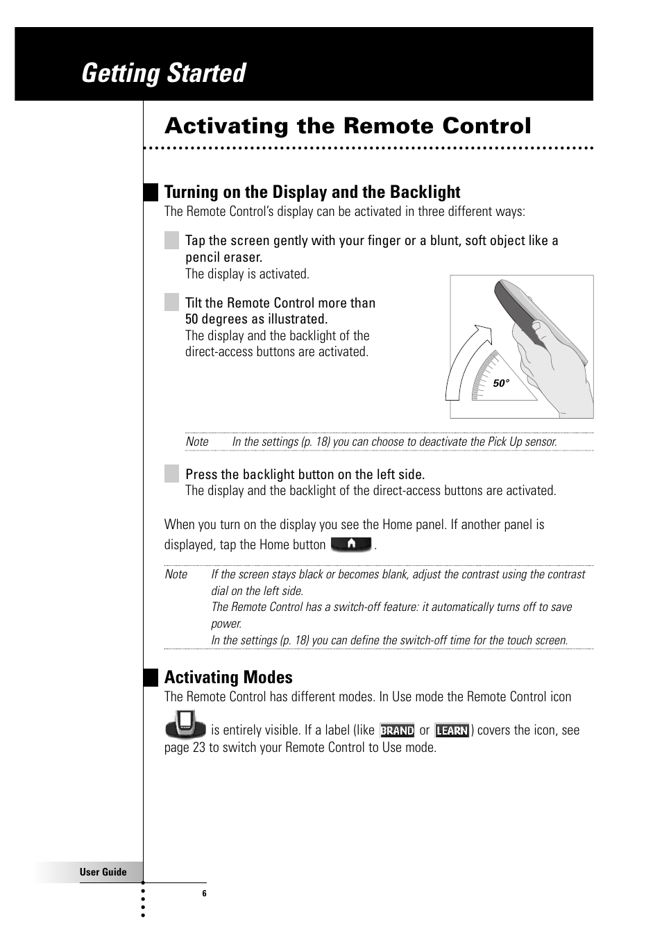 Getting started, Activating the remote control, Turning on the display and the backlight | Activating modes | Philips Color Touch Screen Rem Cont w-Database User Manual | Page 6 / 60