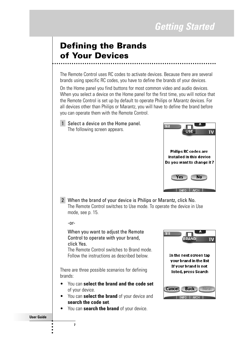 Getting started, Defining the brands of your devices | Philips Color Touch Screen Rem Cont w-Database User Manual | Page 7 / 60