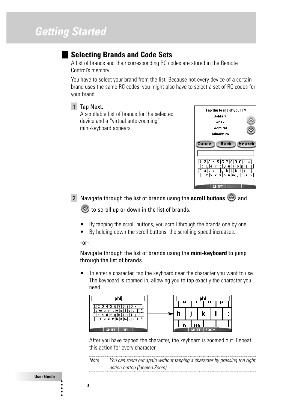 Getting started, Selecting brands and code sets | Philips Color Touch Screen Rem Cont w-Database User Manual | Page 8 / 60