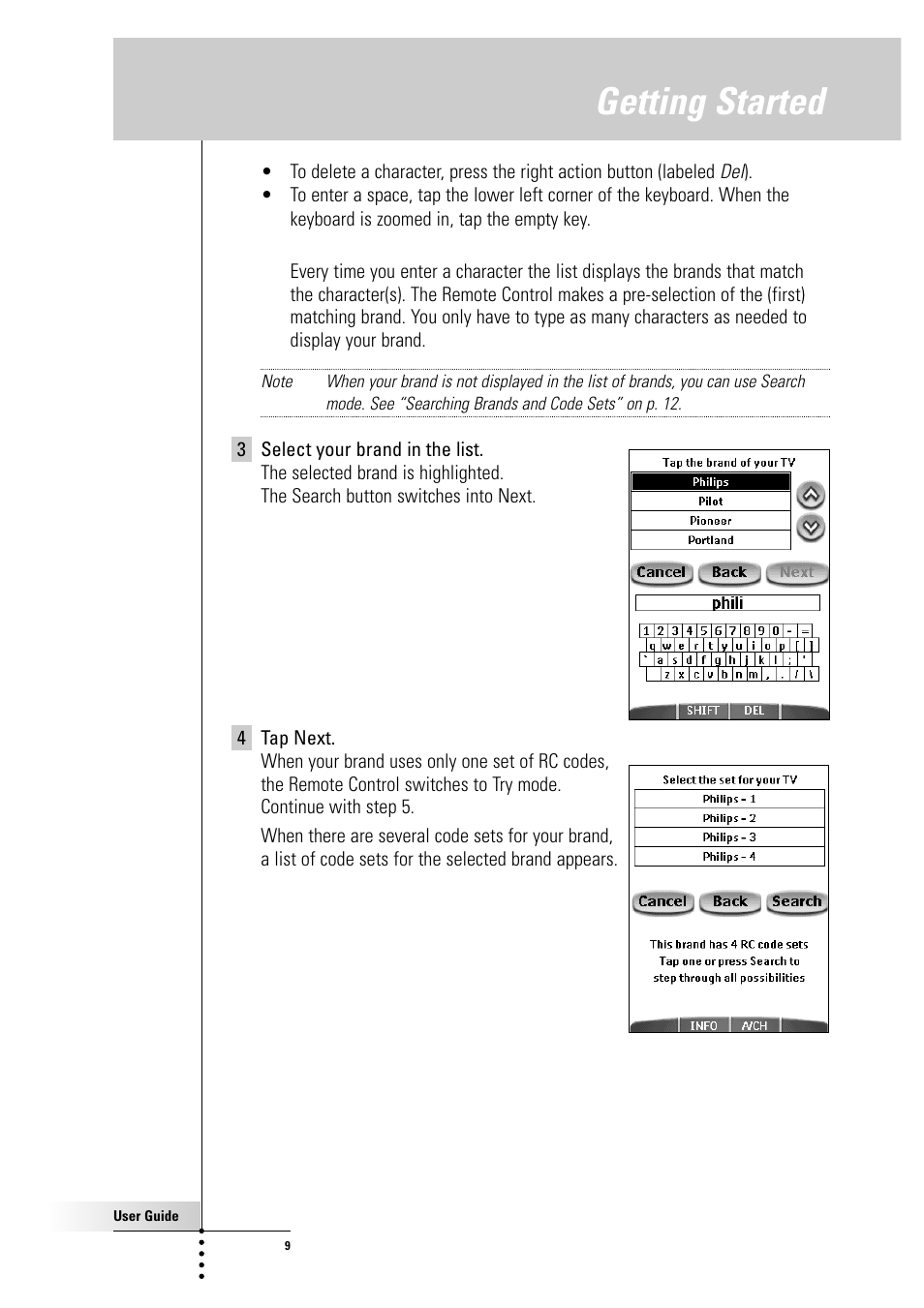 Getting started | Philips Color Touch Screen Rem Cont w-Database User Manual | Page 9 / 60