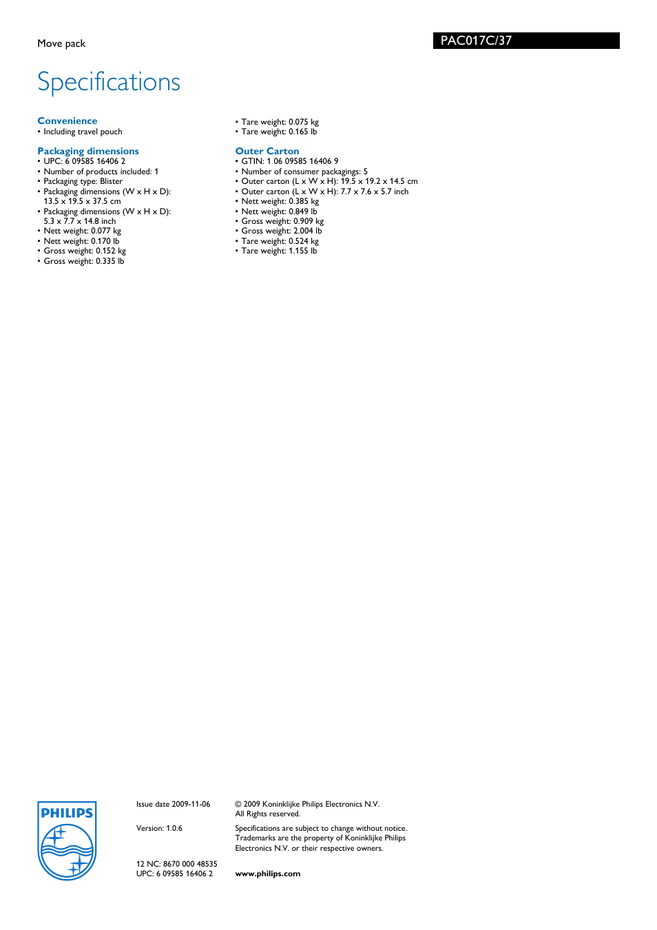 Specifications | Philips PAC017C-37 User Manual | Page 2 / 2