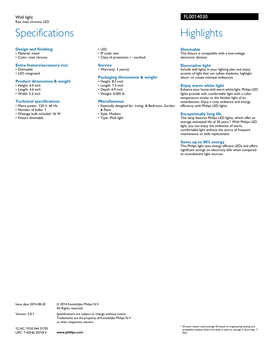 Specifications, Highlights | Philips FL0014030 User Manual | Page 2 / 2