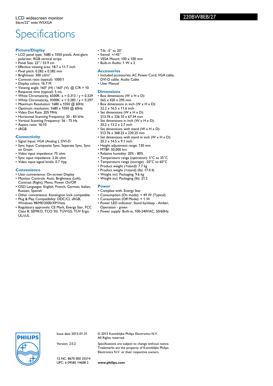 Specifications | Philips 220BW8EB-27 User Manual | Page 3 / 3