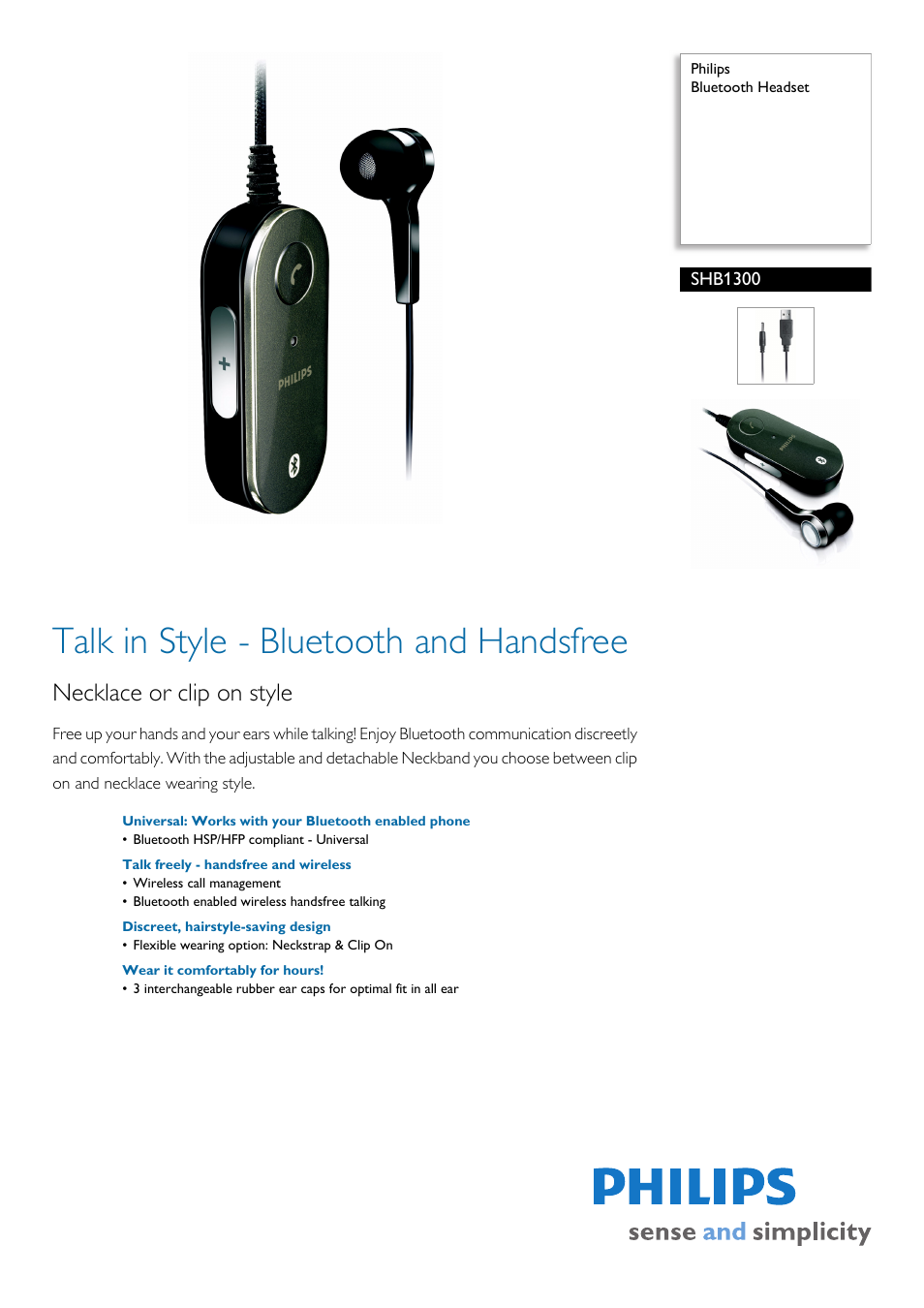 Philips Bluetooth Headset SHB1300 User Manual | 2 pages