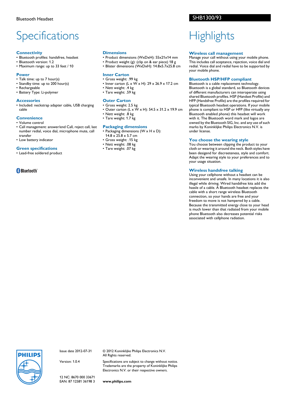 Specifications, Highlights | Philips Bluetooth Headset SHB1300 User Manual | Page 2 / 2