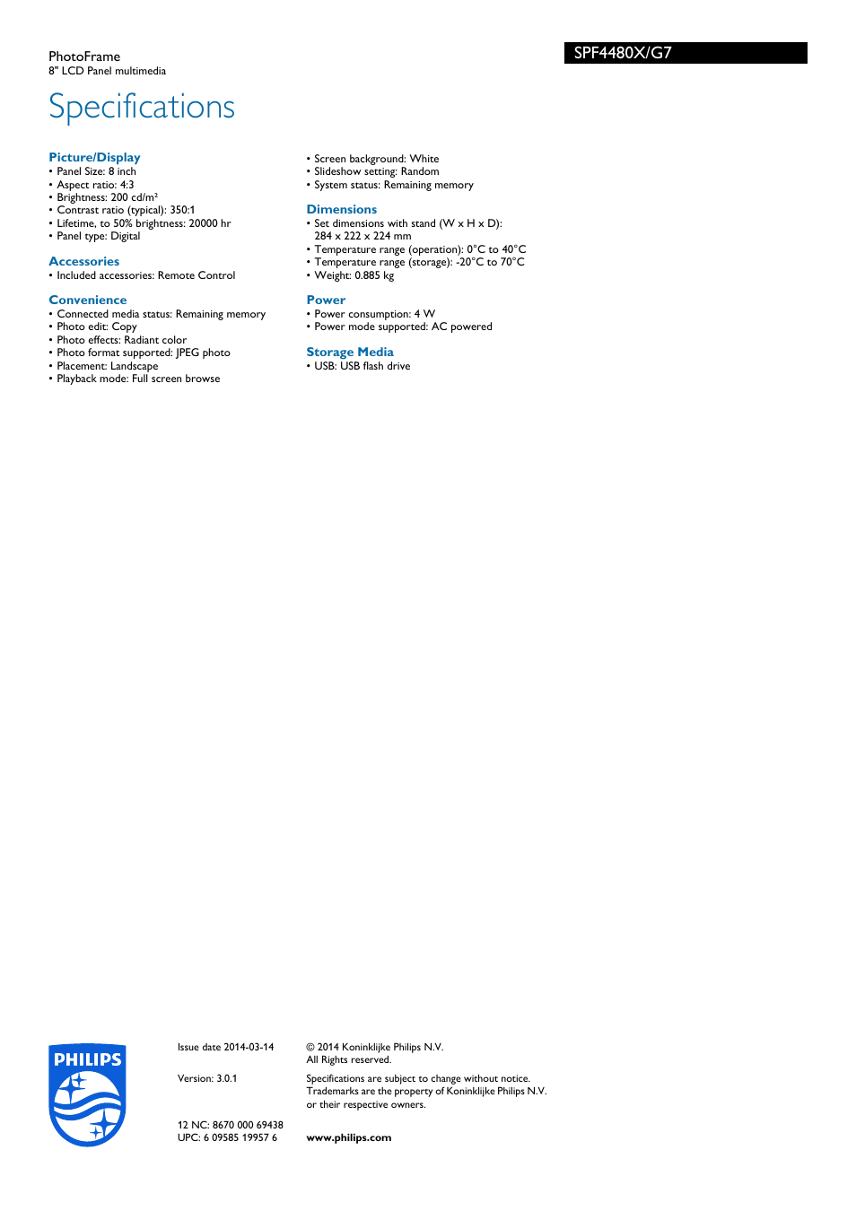 Specifications | Philips SPF4480X-G7 User Manual | Page 2 / 2