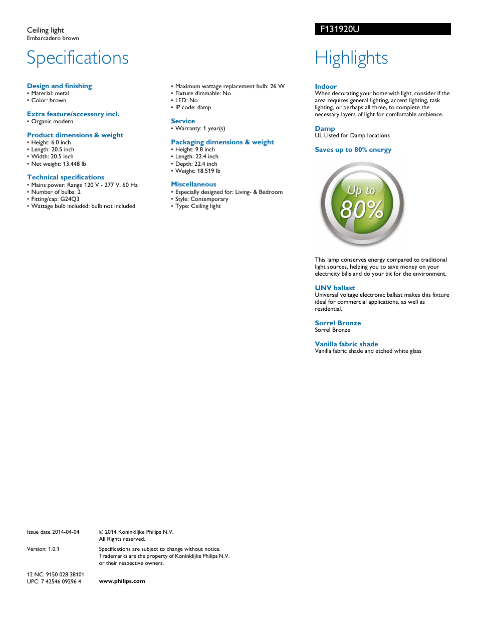 Specifications, Highlights | Philips Forecast myLiving Ceiling light F1319-20-U Embarcadero brown User Manual | Page 2 / 2