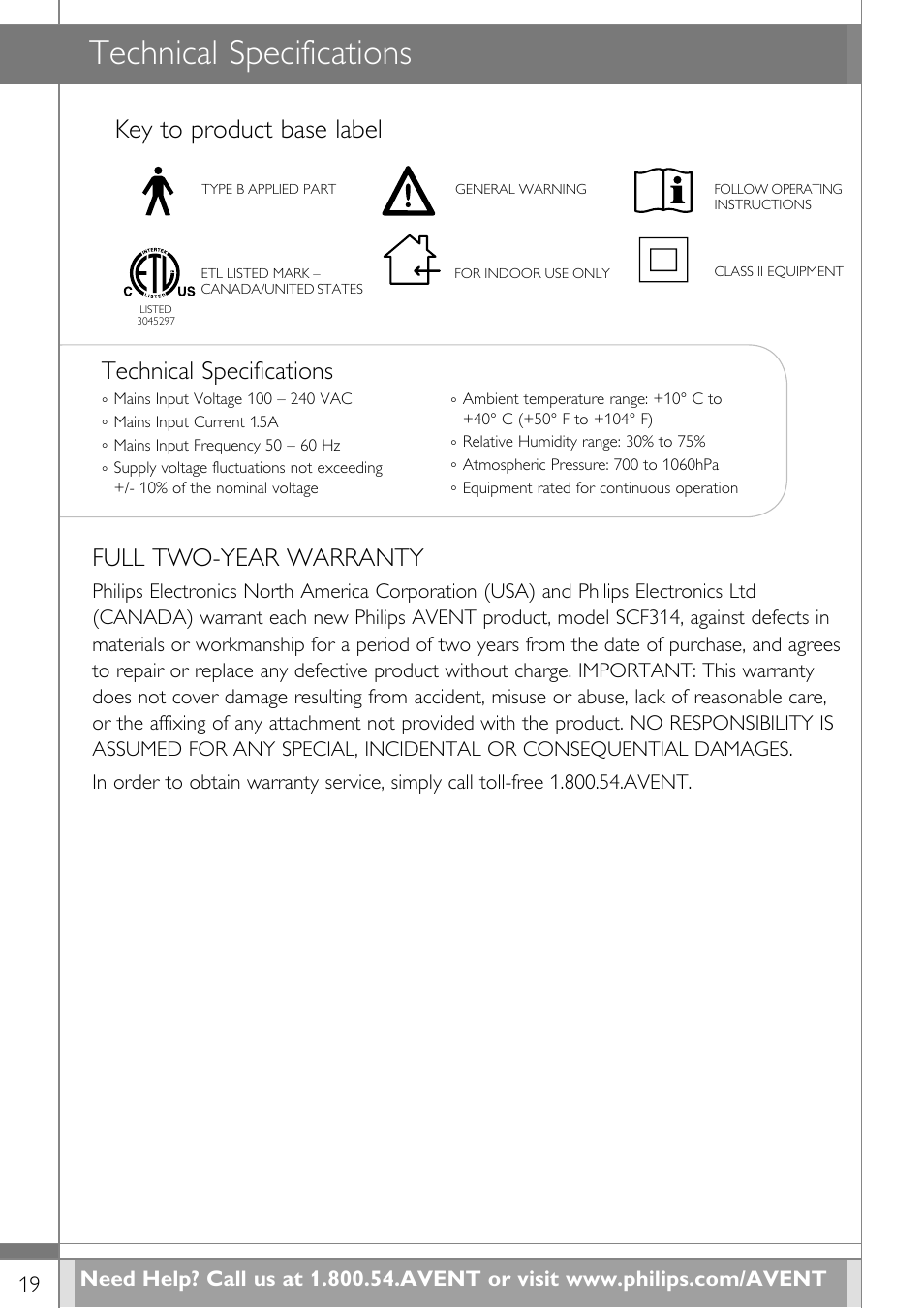 Key to product base label, Full two-year warranty, Technical specifications | Philips SCF314-02 User Manual | Page 20 / 59