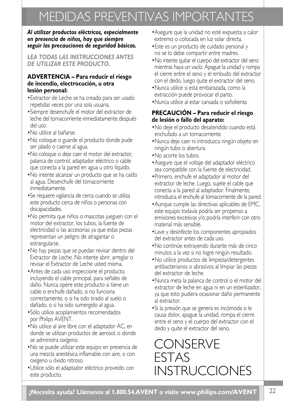 Conserve estas instrucciones, Medidas preventivas importantes | Philips SCF314-02 User Manual | Page 23 / 59