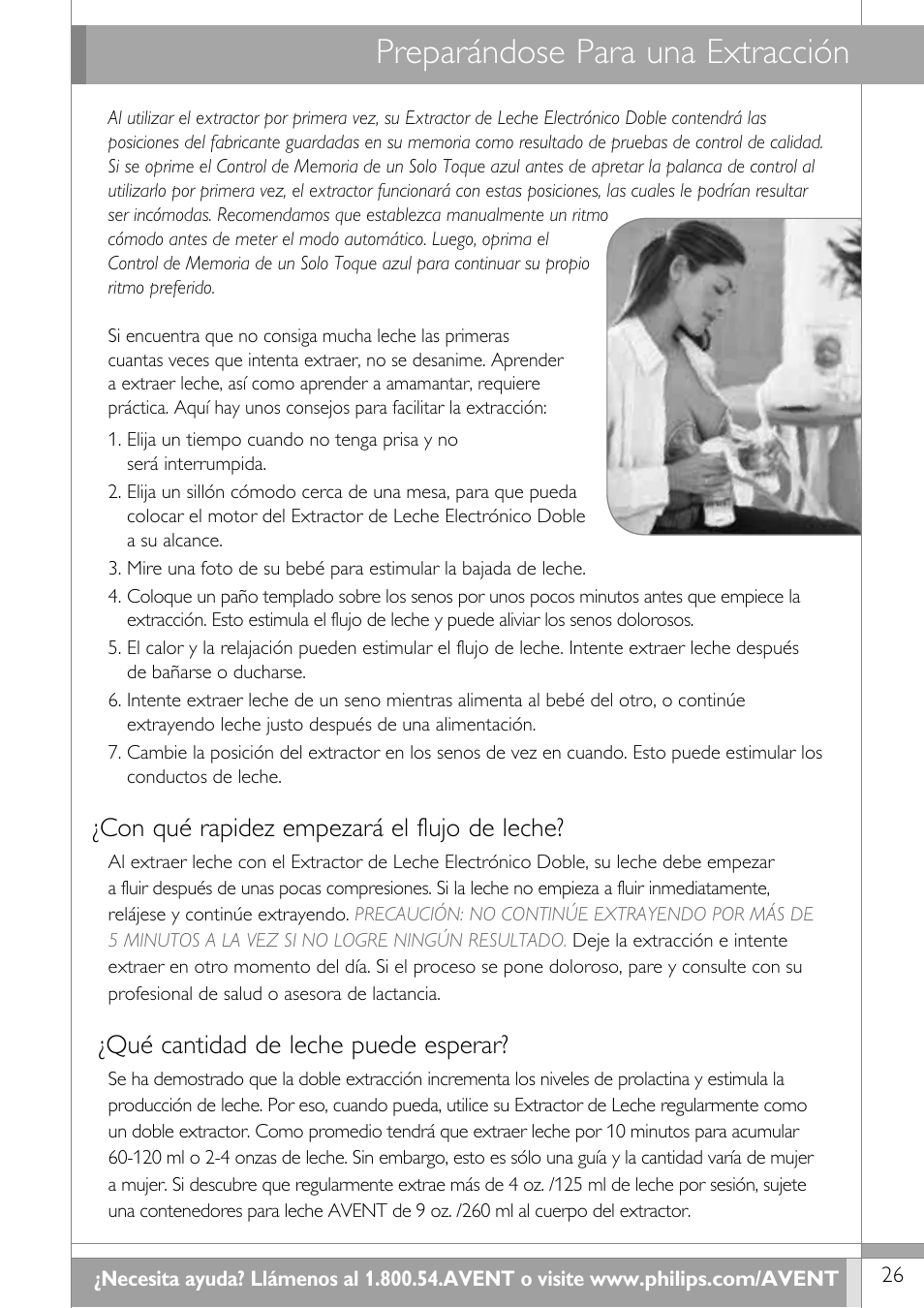 Preparándose para una extracción, Con qué rapidez empezará el flujo de leche, Qué cantidad de leche puede esperar | Philips SCF314-02 User Manual | Page 27 / 59