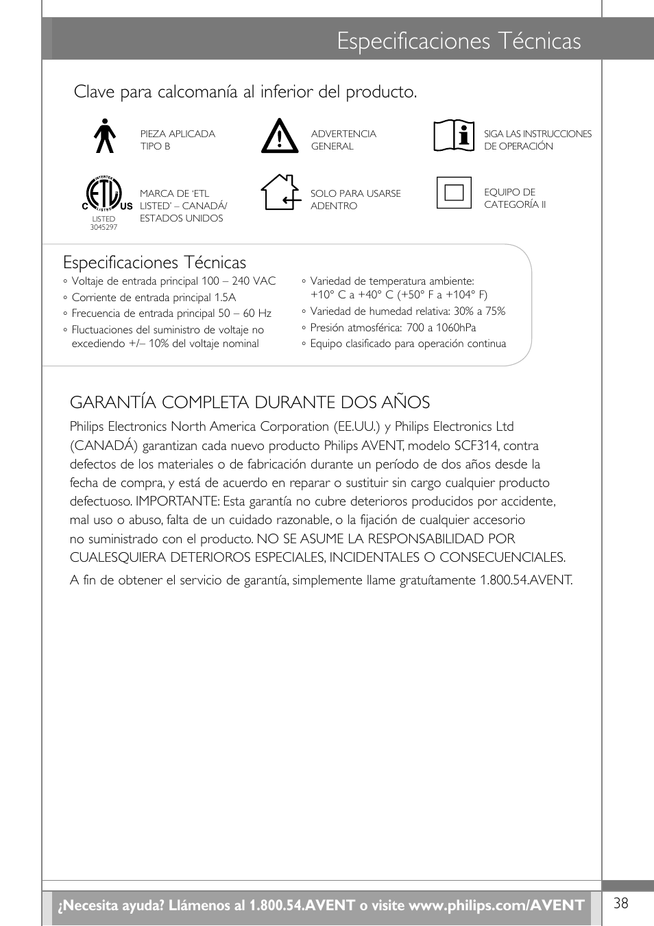 Especificaciones técnicas, Clave para calcomanía al inferior del producto, Garantía completa durante dos años | Philips SCF314-02 User Manual | Page 39 / 59