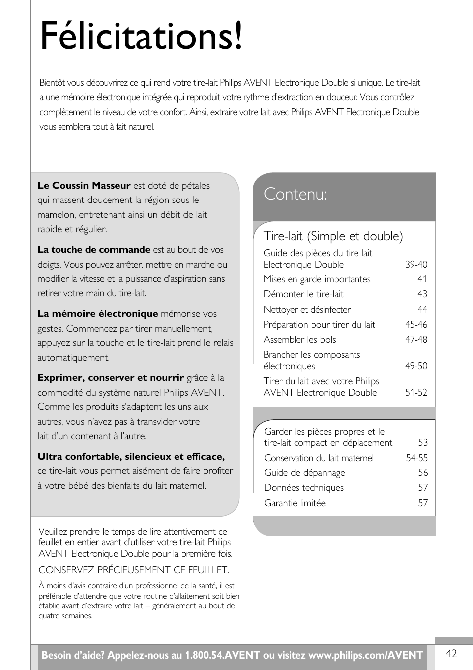 Félicitations, Contenu, Tire-lait (simple et double) | Philips SCF314-02 User Manual | Page 43 / 59