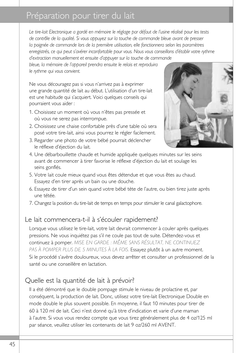 Préparation pour tirer du lait, Le lait commencera-t-il à s’écouler rapidement, Quelle est la quantité de lait à prévoir | Philips SCF314-02 User Manual | Page 46 / 59