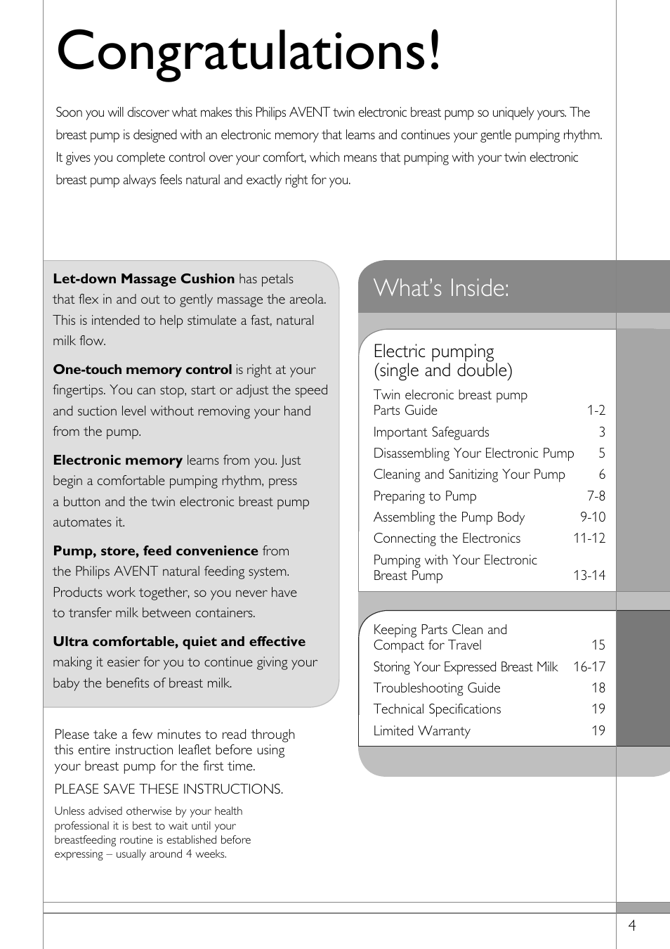 What’s inside, Electric pumping (single and double) | Philips SCF314-02 User Manual | Page 5 / 59
