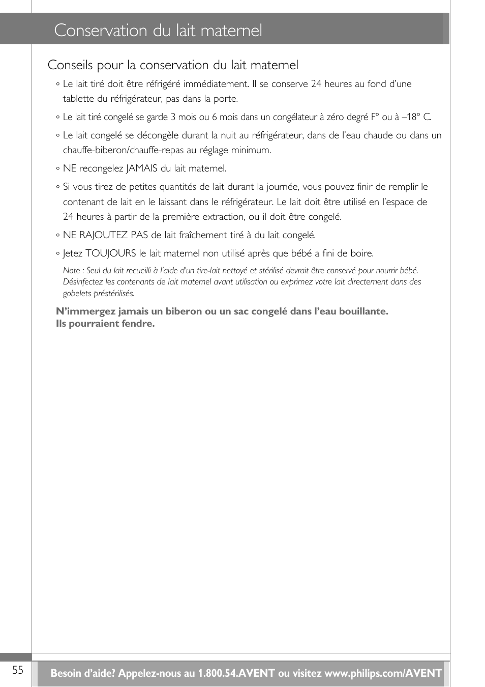 Conservation du lait maternel, Conseils pour la conservation du lait maternel | Philips SCF314-02 User Manual | Page 56 / 59