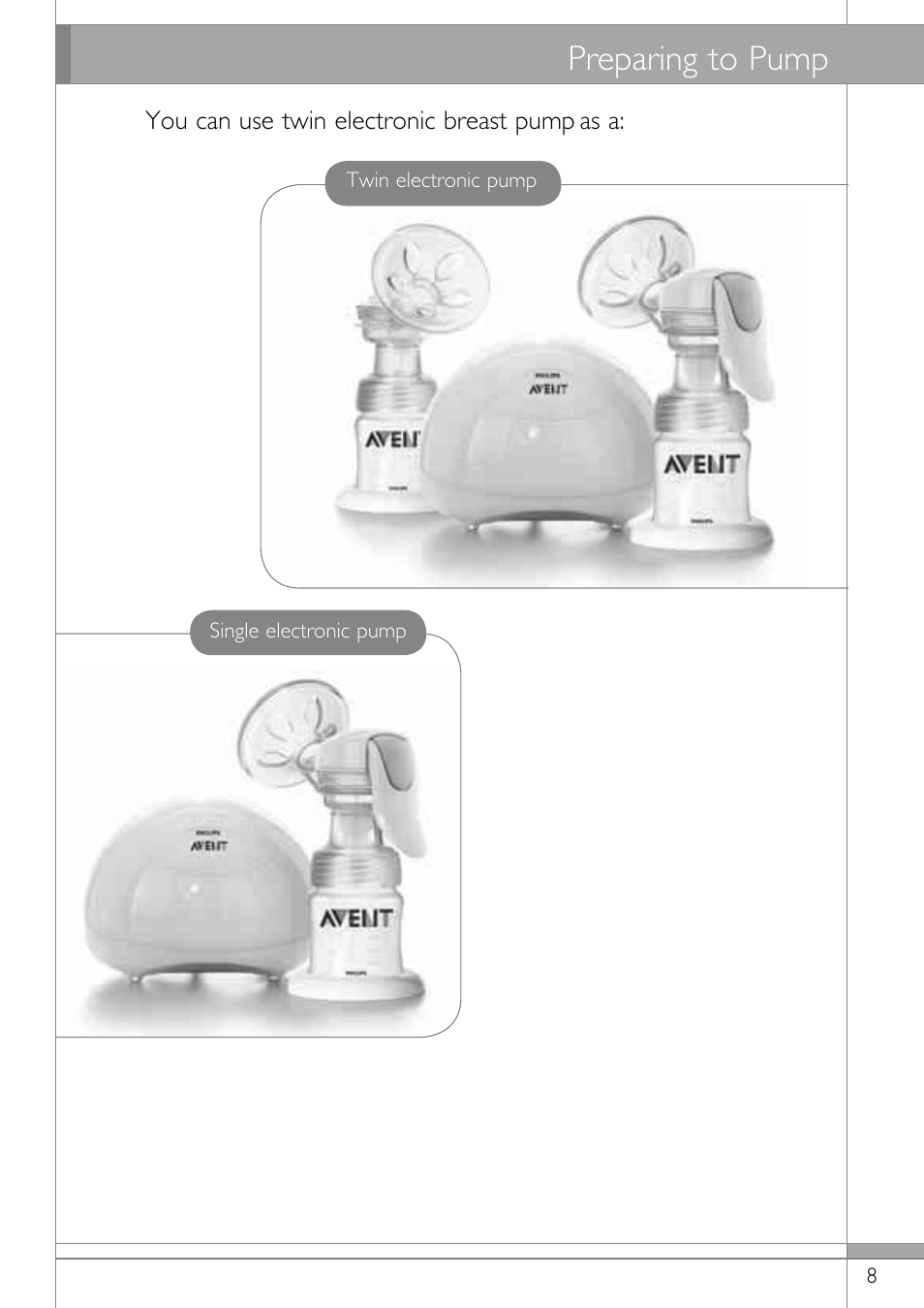 Preparing to pump | Philips SCF314-02 User Manual | Page 9 / 59