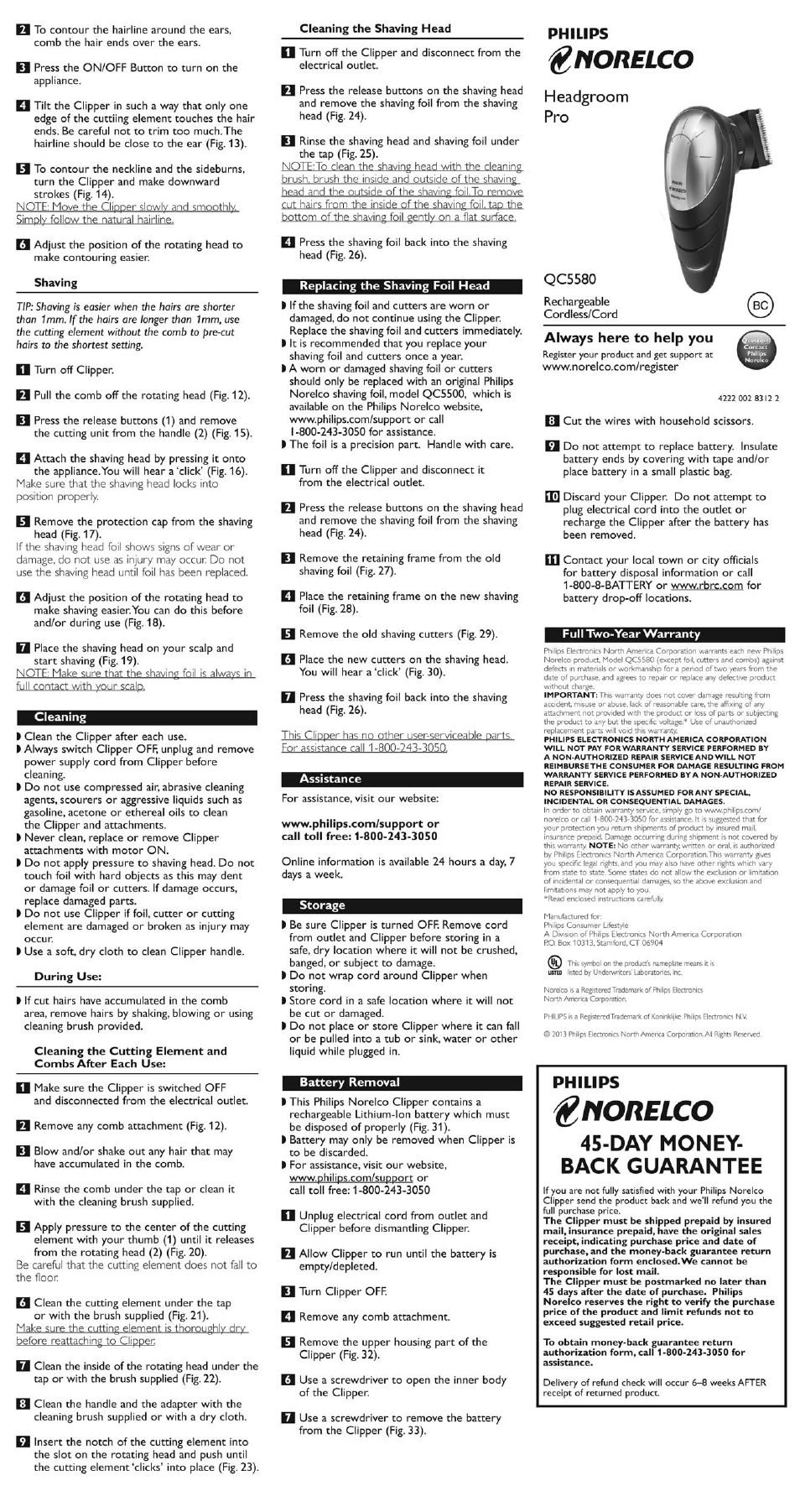 Cleaning, Replacing the shaving foil head, Assistance | Storage, Battery removal, Full two-year warranty, Norelco, Day money- back guarantee, Philips, Headgroom pro | Philips Norelco Do-It-Yourself clipper DIY cordless hair clipper QC5580-40 Easy Reach 180° rotating head 14 built-in length settings 60mins cordless use-1h charge Head shave attachment User Manual | Page 2 / 2