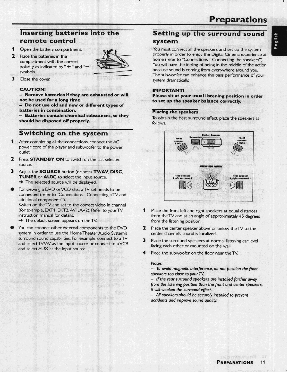 Inserting batteries into the remote control, Caution, Switching on the system | Setting up the surround sound system, Important, Placing the speakers, Setting up the surround sound system -12, Preparations | Philips HIFI RECEIVER User Manual | Page 13 / 28