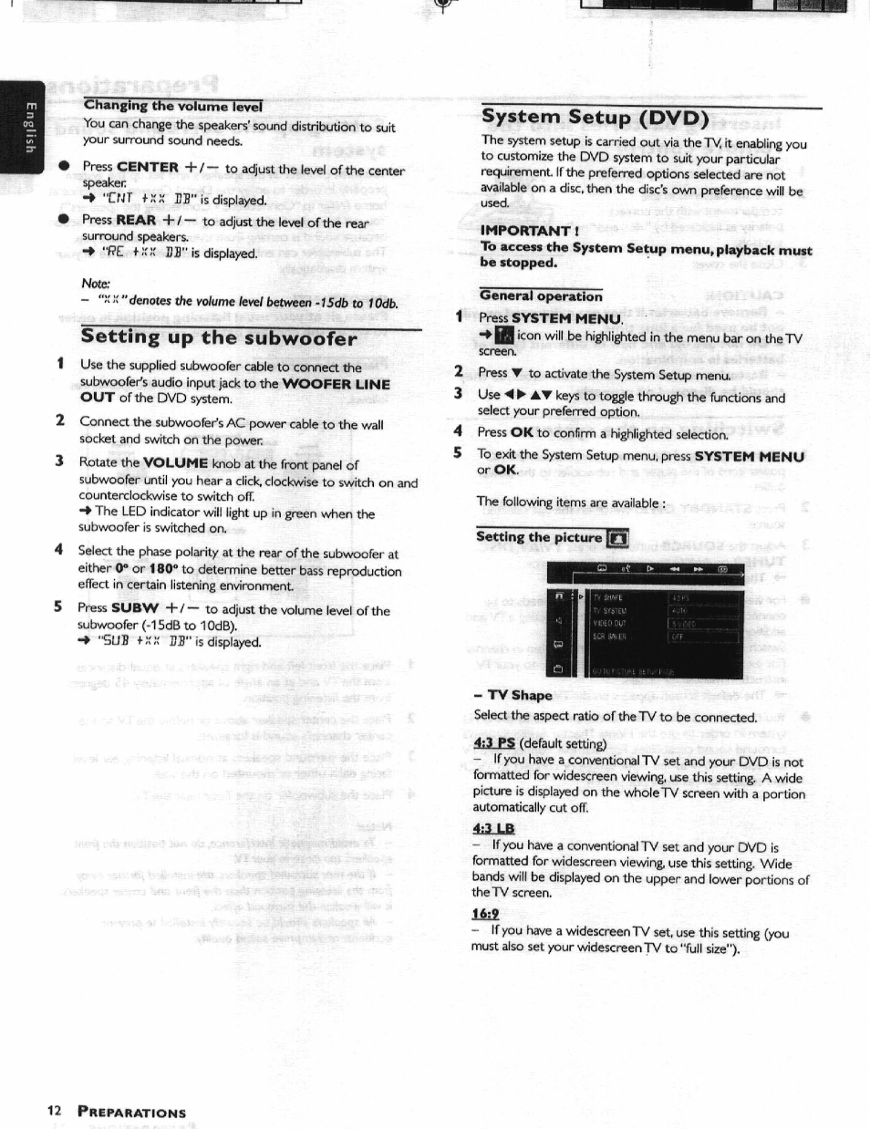 Changing the volume level, Setting up the subwoofer, System setup (dvd) | Important i, General operation, 1 press system menu, Setting the picture, Tv shape, 3 lb, System setup (dvd) -14 | Philips HIFI RECEIVER User Manual | Page 14 / 28