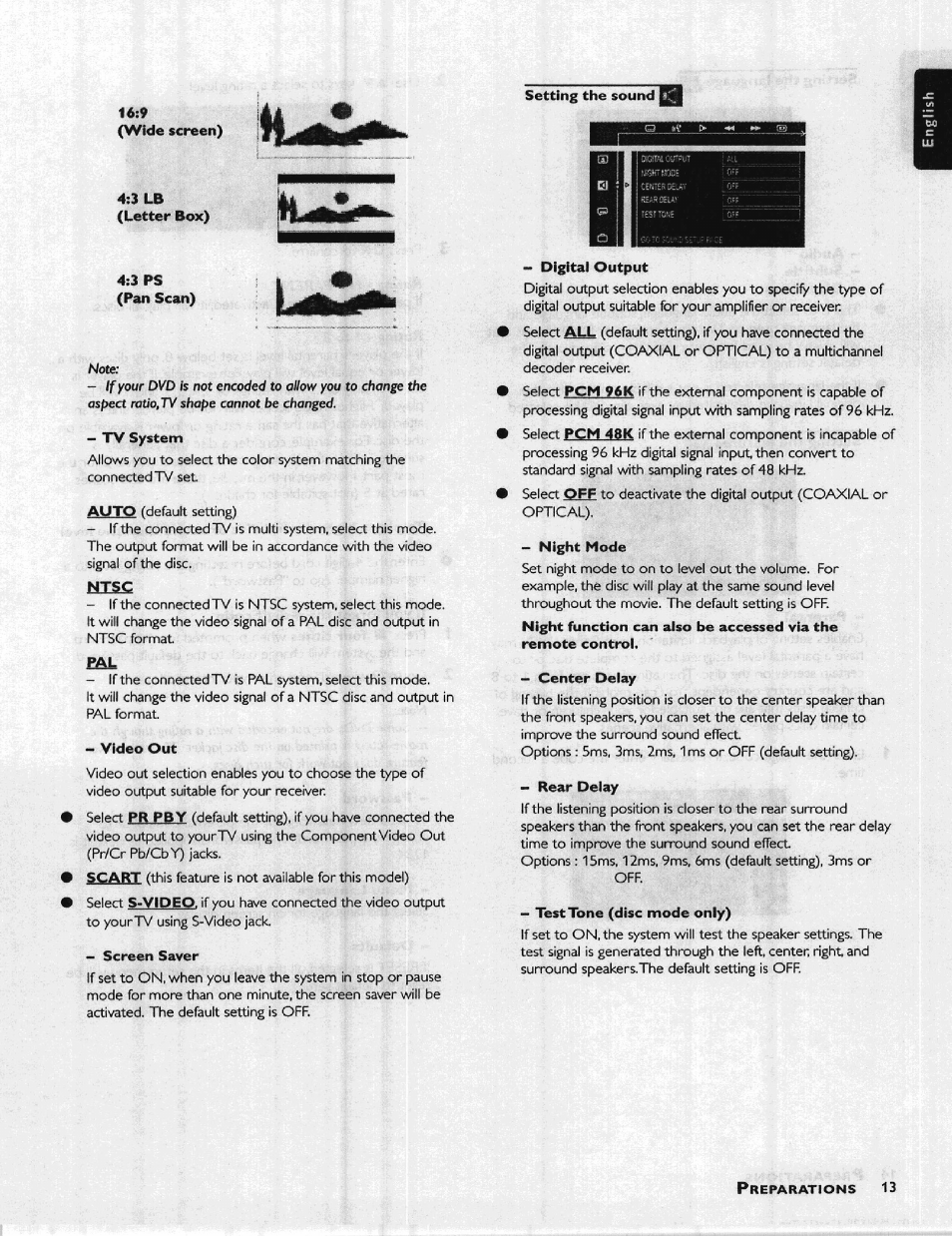 3 lb (letter box), 3 ps (pan scan), Setting the sound | Tv system, Video out, Screen saver, Digital output, Night mode, Center delay, Rear delay | Philips HIFI RECEIVER User Manual | Page 15 / 28