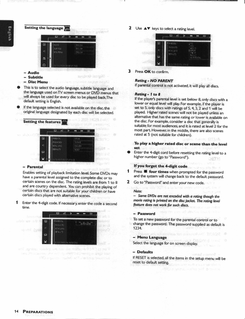 Setting the language, Audio, Setting the features | Parental, If you forget the 4>digit code, Password, Menu language, Defaults | Philips HIFI RECEIVER User Manual | Page 16 / 28