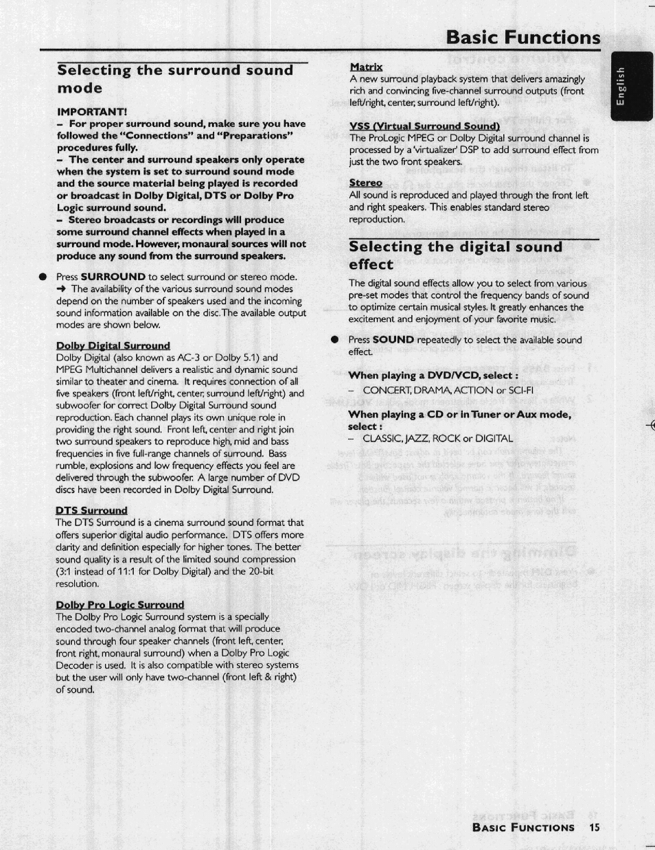 Selecting the surround sound mode, Important, Dolby digital surround | Dts surround, Dolby pro logic surround, Matrix, Vss (virtual surround sound), Stereo, Selecting the digital sound effect, When playing a dvd/vcd, select | Philips HIFI RECEIVER User Manual | Page 17 / 28