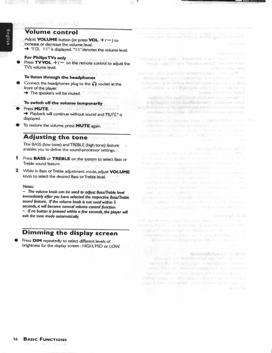 Volume control, Fof philips tvs only, Lb listen through the headphones | To switch off the volume temporarily press mute, Adjusting the tone, Dimming the display screen, Volume control adjusting the tone | Philips HIFI RECEIVER User Manual | Page 18 / 28