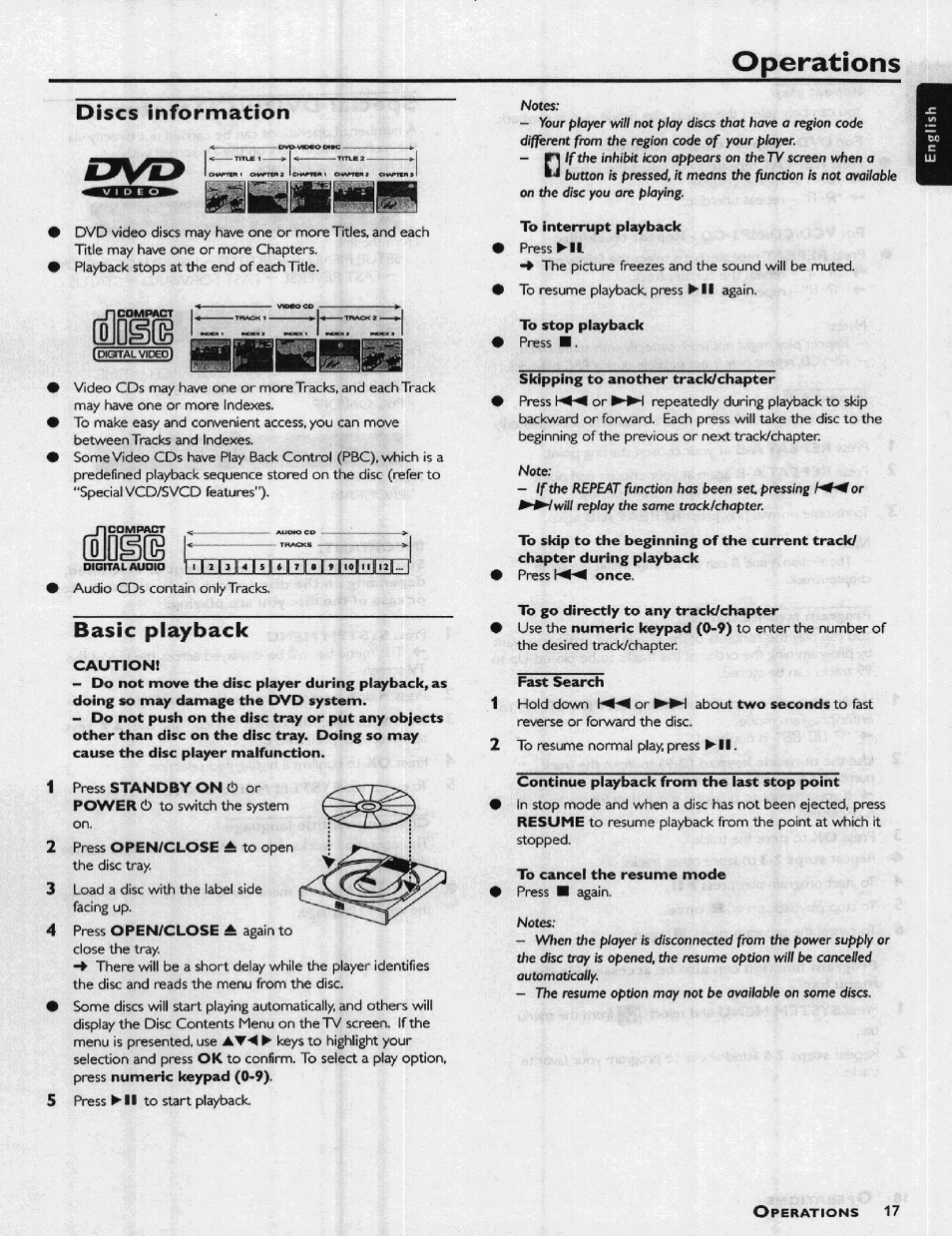 Discs information, Basic playback, Cautionl | To interrupt playback, To stop playback, Skipping to another track/chapter, To go directly to any track/chapter, Fast search, Continue playback from the last stop point, Operations | Philips HIFI RECEIVER User Manual | Page 19 / 28