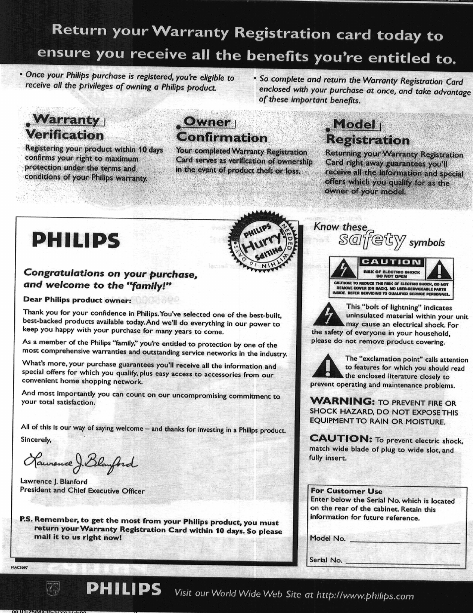 Warranty i verification, Owner, Model | Confirm ation, Philips, Warranty i verification owner model | Philips HIFI RECEIVER User Manual | Page 2 / 28