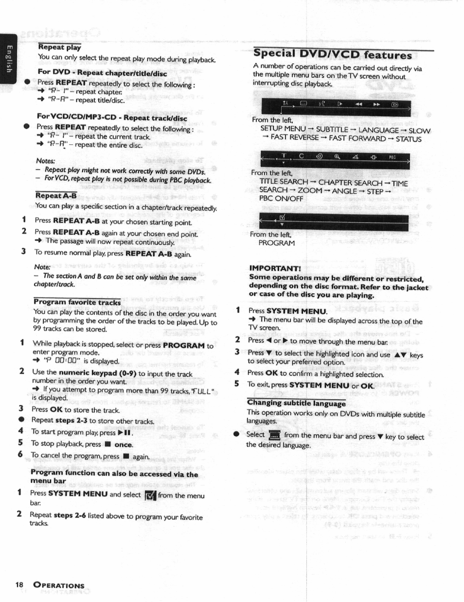 Repeat play, For dvd - repeat chapter/title/disc, Forvcd/cd/mp3-cd - repeat track/disc | Repeat a-b, Program favorite tracks, Special dvd/vcd features, Important, Press system menu, Changing subtitle language | Philips HIFI RECEIVER User Manual | Page 20 / 28