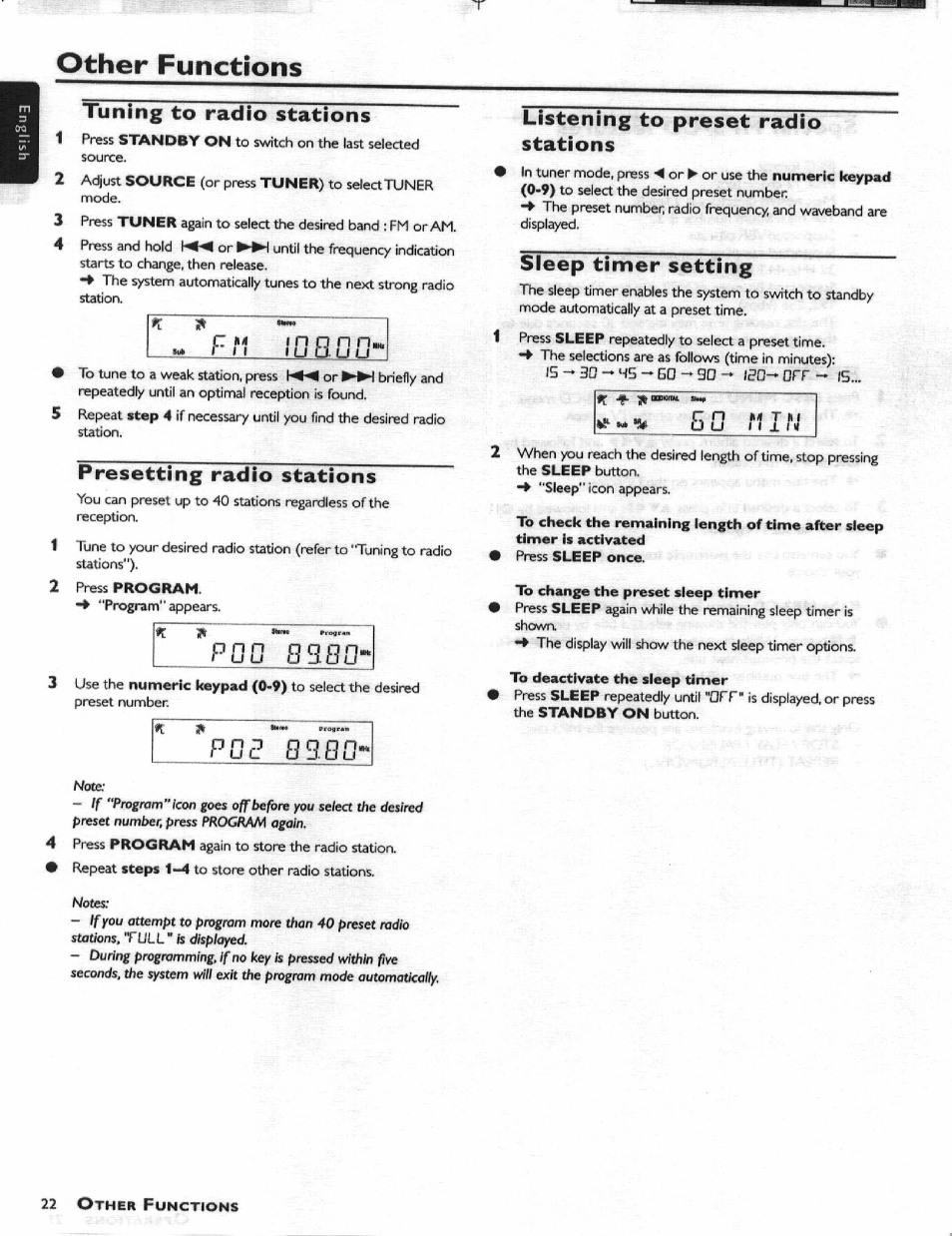 Tuning to radio stations, Presetting radio stations, Listening to preset radio stations | Sleep timer setting, To change the preset sleep timer, To deactivate the sleep timer, Ioboo, Other functions, P o o, P o p | Philips HIFI RECEIVER User Manual | Page 24 / 28